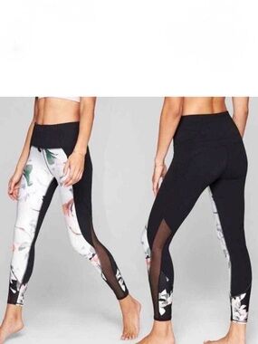 Athleta Blossom Intuition Floral Black Leggings 7/8 Tight Mesh Cutouts Small